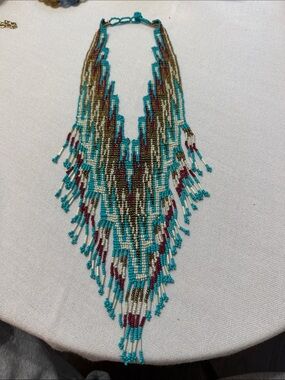 Vintage Handmade Turquoise, Gold & Burgundy Seed Bead Tribal Necklace